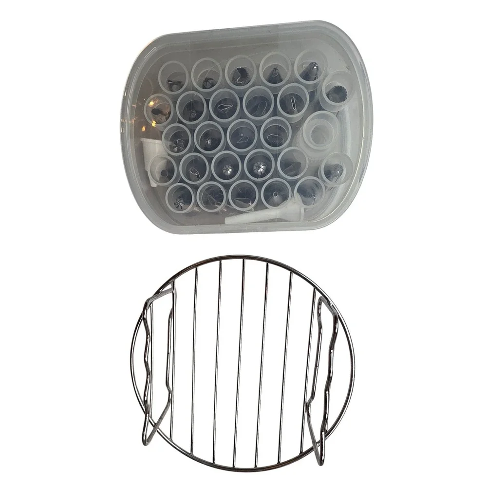 Cake Decorating Set 26 Piping Tips Storage Case and 6 Inch Metal Cooling Rack A2